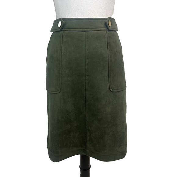 Ann Taylor Loft Skirt size 8 Olive Green Faux Suede Knee A Line Stretch Modest - Picture 1 of 8